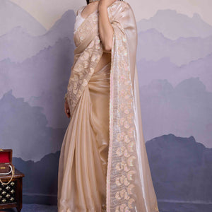 Cream Floral Sequins Embroidered Jimmi Choo Zoya Silk Saree