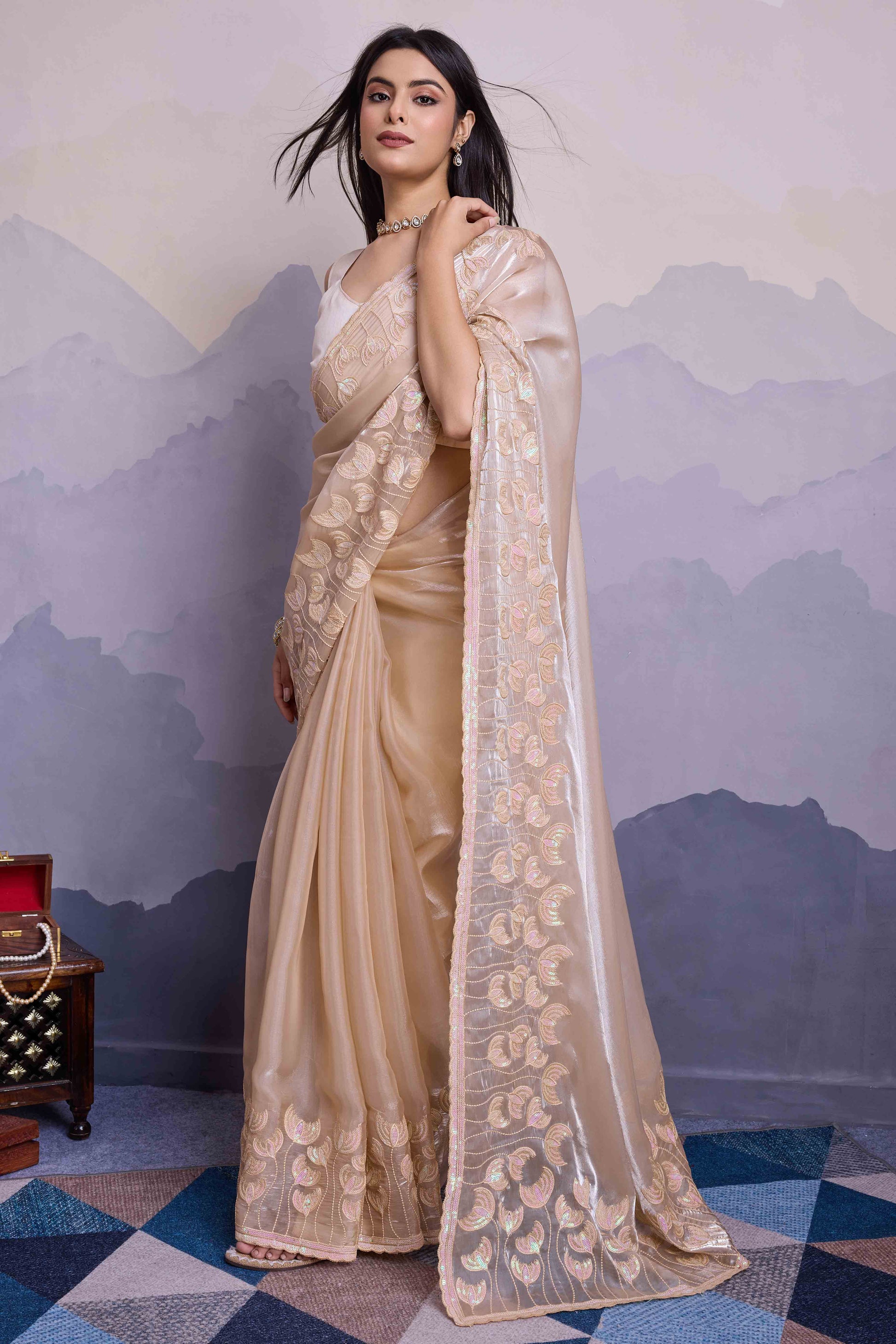 Cream Floral Sequins Embroidered Jimmi Choo Zoya Silk Saree