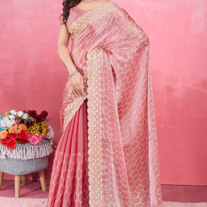 Gajari Pink Floral Sequins Embroidered Mulberry Silk Saree