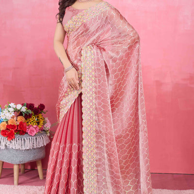 Gajari Pink Floral Sequins Embroidered Mulberry Silk Saree