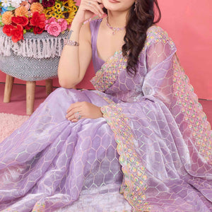 Lavender Floral Sequins Embroidered Mulberry Silk Saree