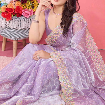 Lavender Floral Sequins Embroidered Mulberry Silk Saree