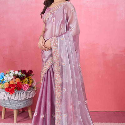 Light Purple Floral Sequins Embroidered Mulberry Silk Saree
