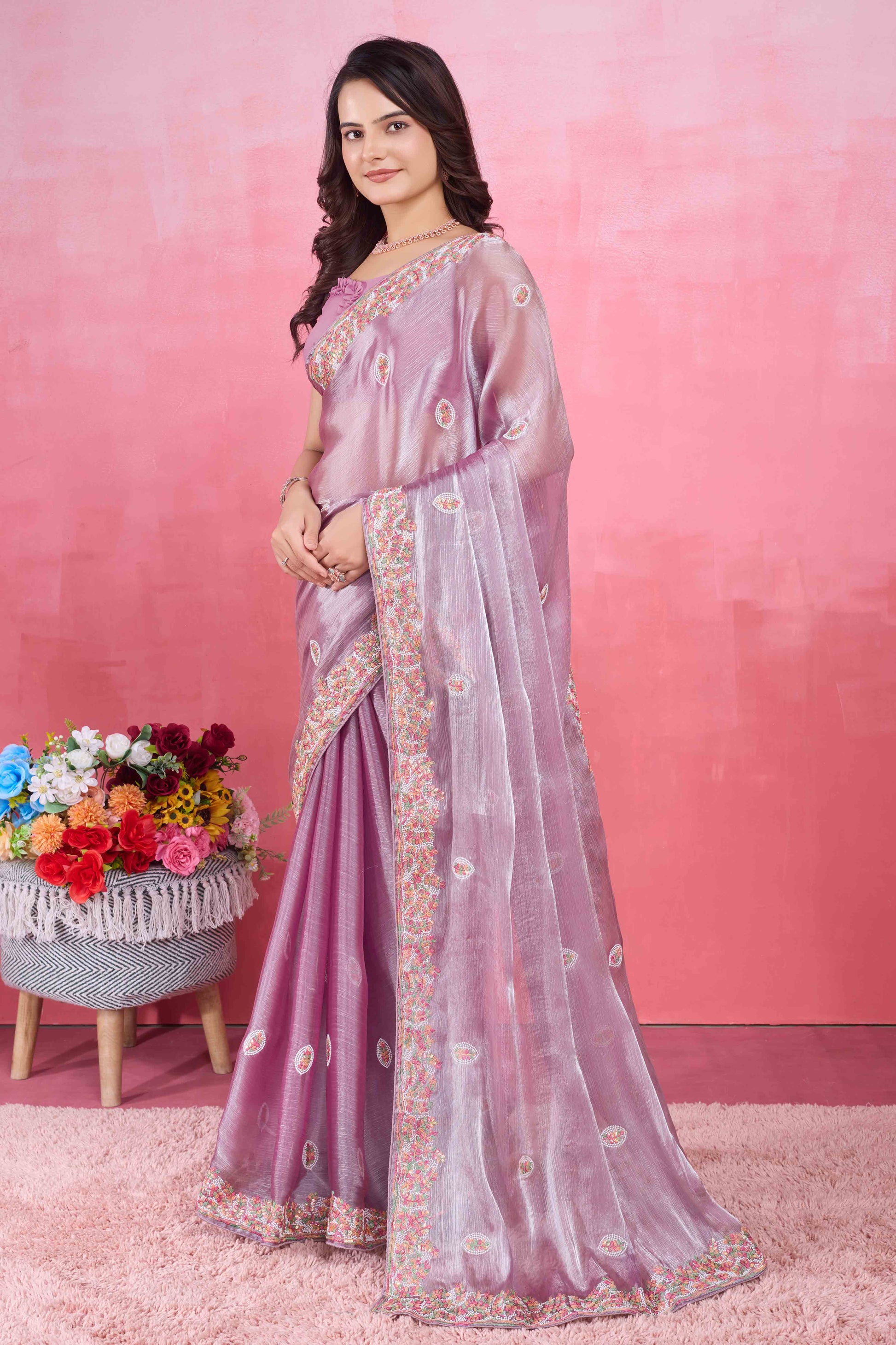 Light Purple Floral Sequins Embroidered Mulberry Silk Saree