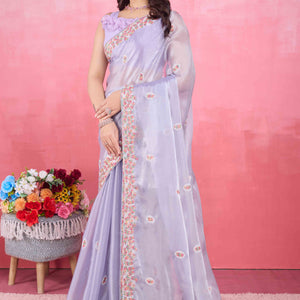 Lavender Floral Sequins Embroidered Mulberry Silk Saree