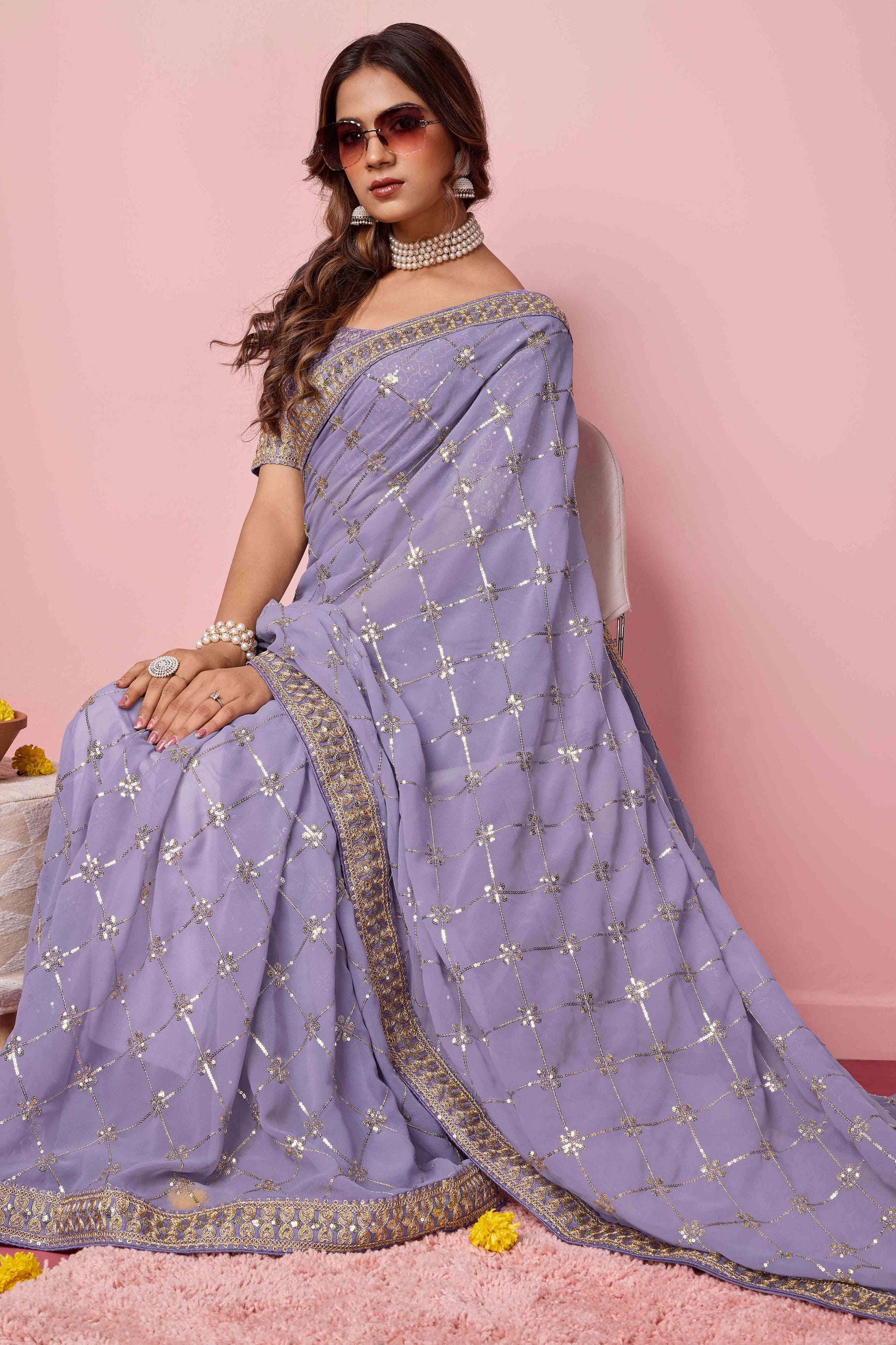 Lavender Sequins Embroidered Georgette Saree