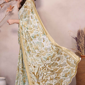 Dark Mustard Floral Printed Moss Art Silk Saree