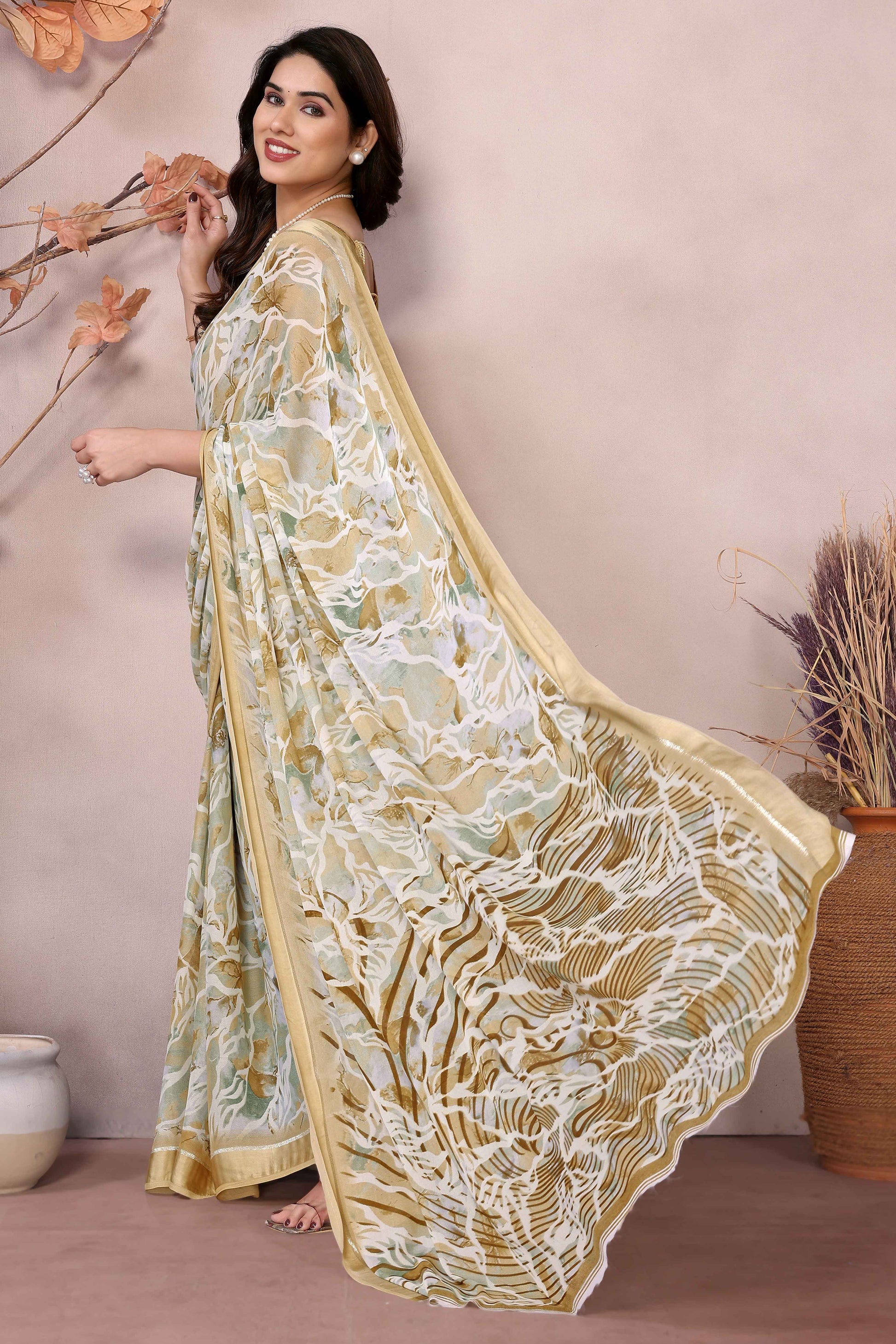 Dark Mustard Floral Printed Moss Art Silk Saree