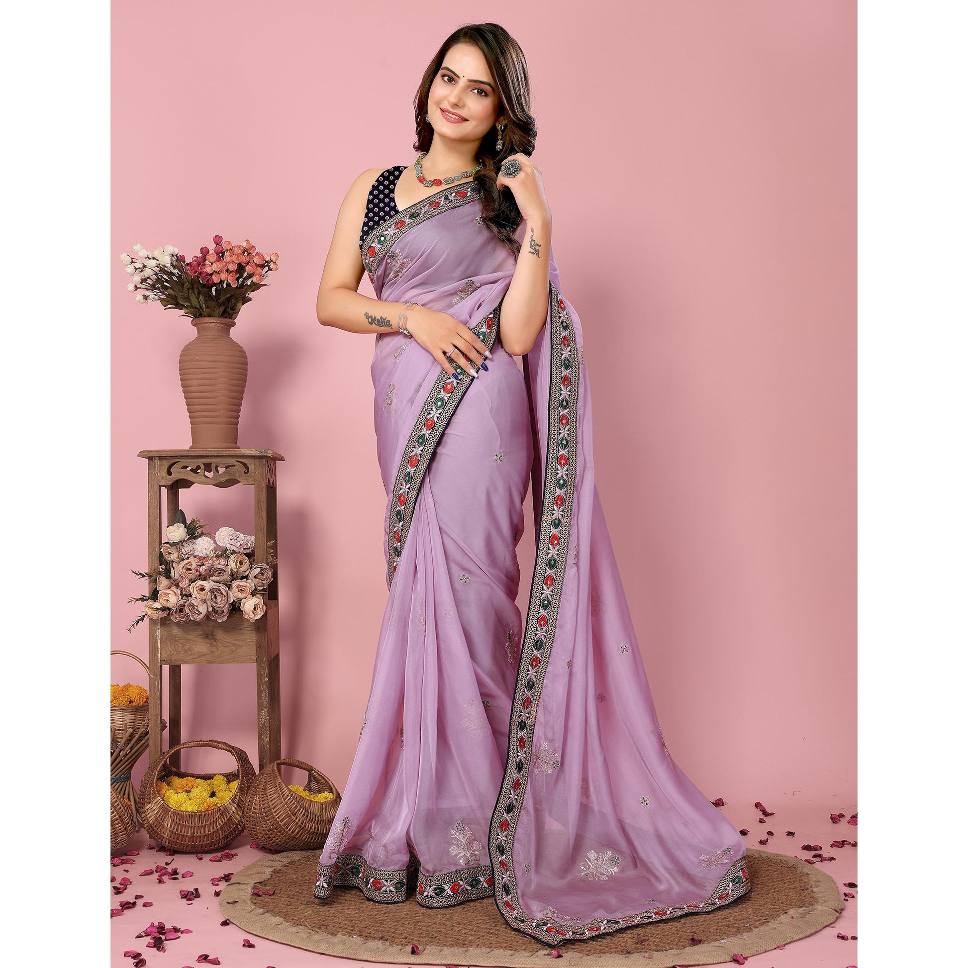 Lavender Floral Sequins Embroidered Organza Saree