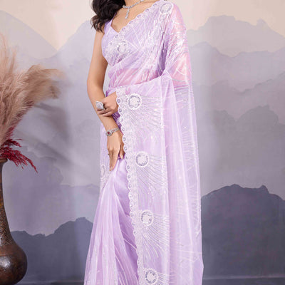 Lavender Sequins Embroidered Twill Net Saree