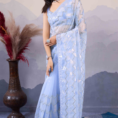 Blue Sequins Embroidered Twill Net Saree