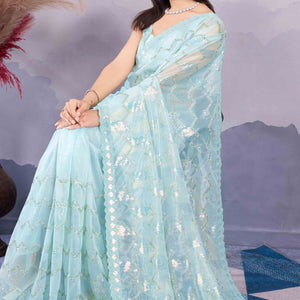Light Turquoise Sequins Embroidered Twill Net Saree