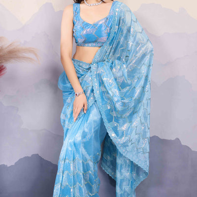 Blue Sequins Embroidered Twill Net Saree