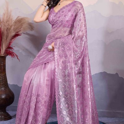 Mauve Sequins Embroidered Twill Net Saree