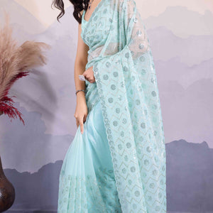 Blue Sequins Embroidered Twill Net Saree