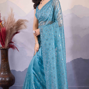 Blue Sequins Embroidered Twill Net Saree