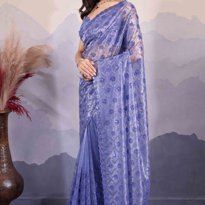 Light Slate Blue Sequins Embroidered Twill Net Saree
