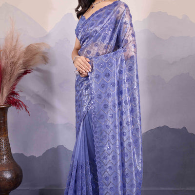 Light Slate Blue Sequins Embroidered Twill Net Saree