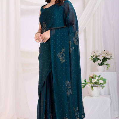 Morpich Blue Floral Swarovski Work Rangoli Art Silk Ready To Wear Saree