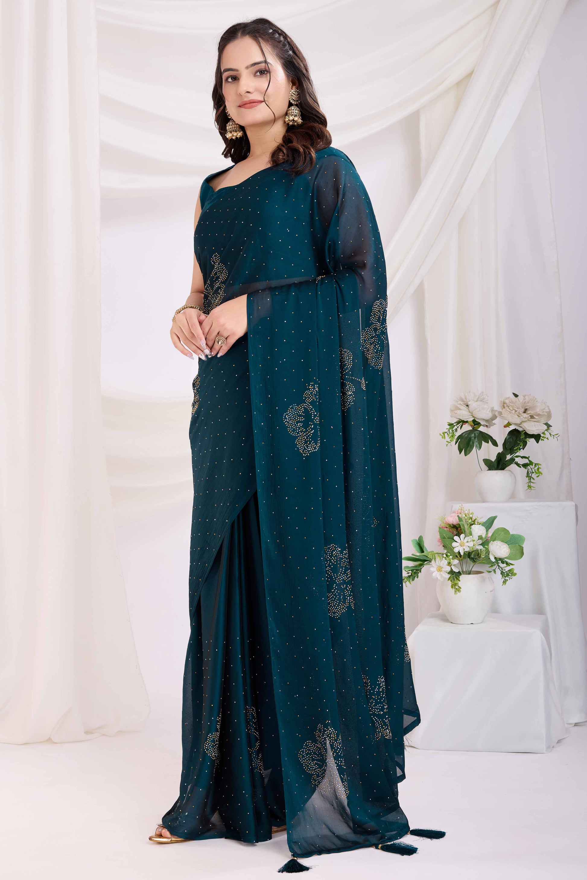 Morpich Blue Floral Swarovski Work Rangoli Art Silk Ready To Wear Saree