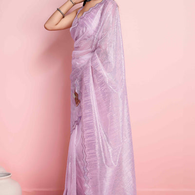 Lavender Sequins Embroidered Silver Twill Net Saree