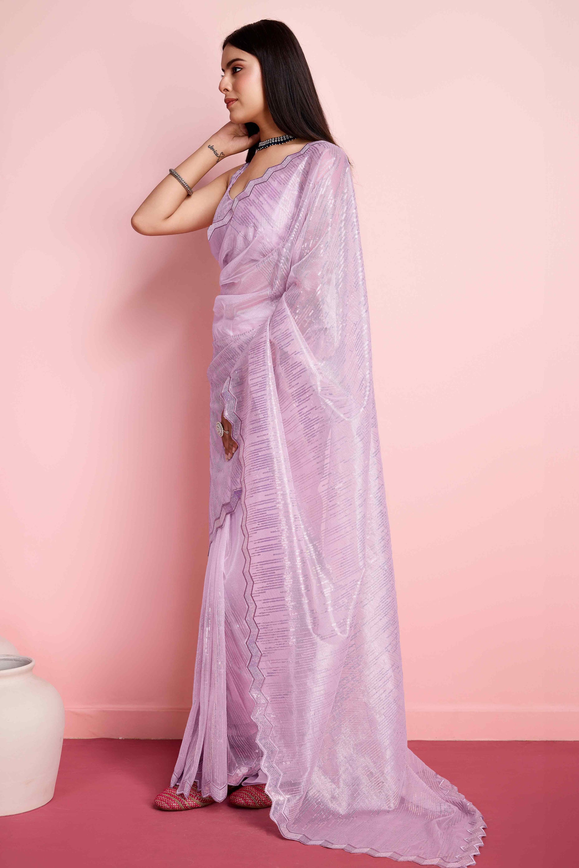 Lavender Sequins Embroidered Silver Twill Net Saree