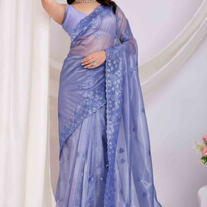 Lavender Floral Sequins Embroidered Twill Net Saree