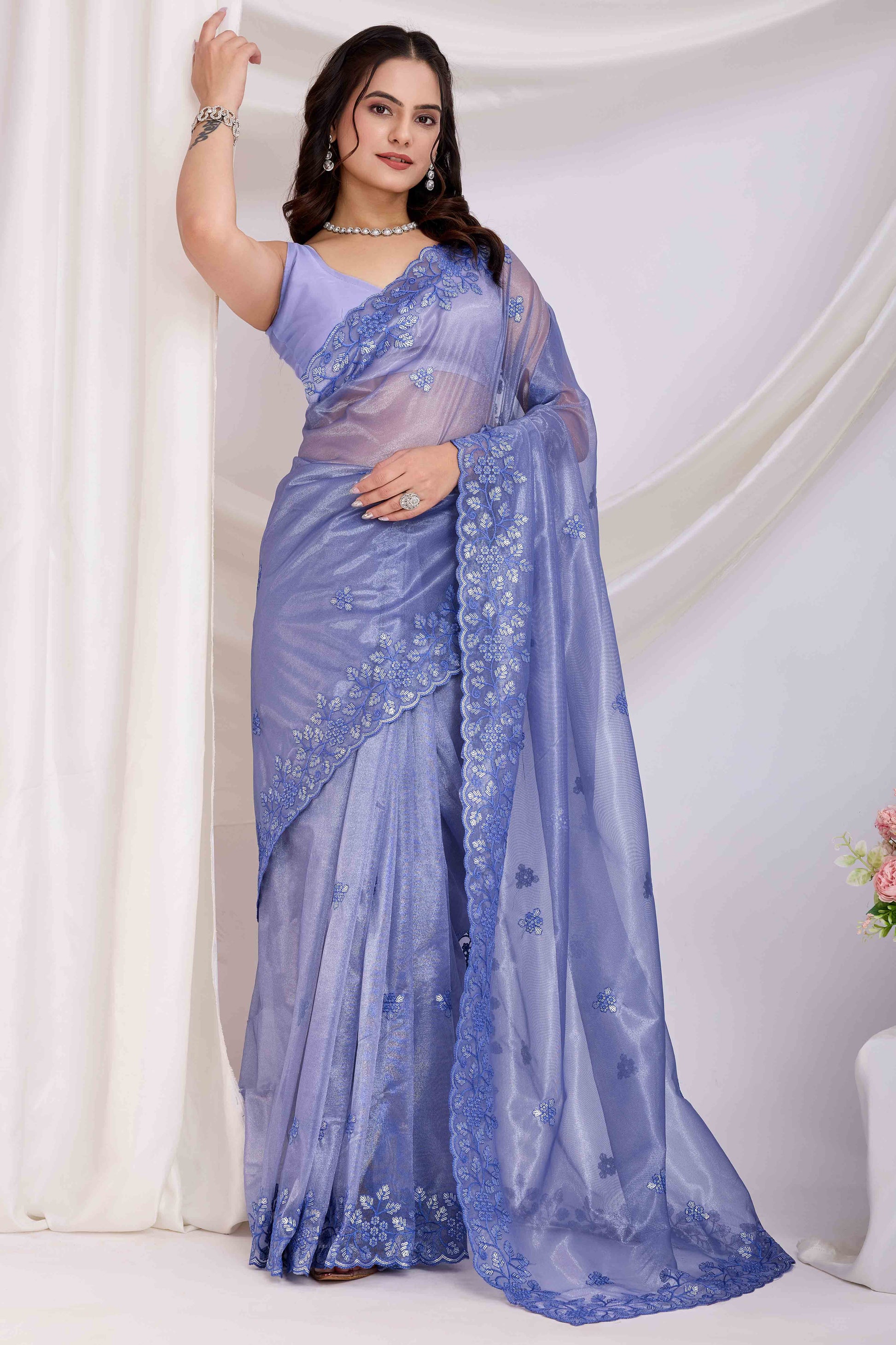 Lavender Floral Sequins Embroidered Twill Net Saree