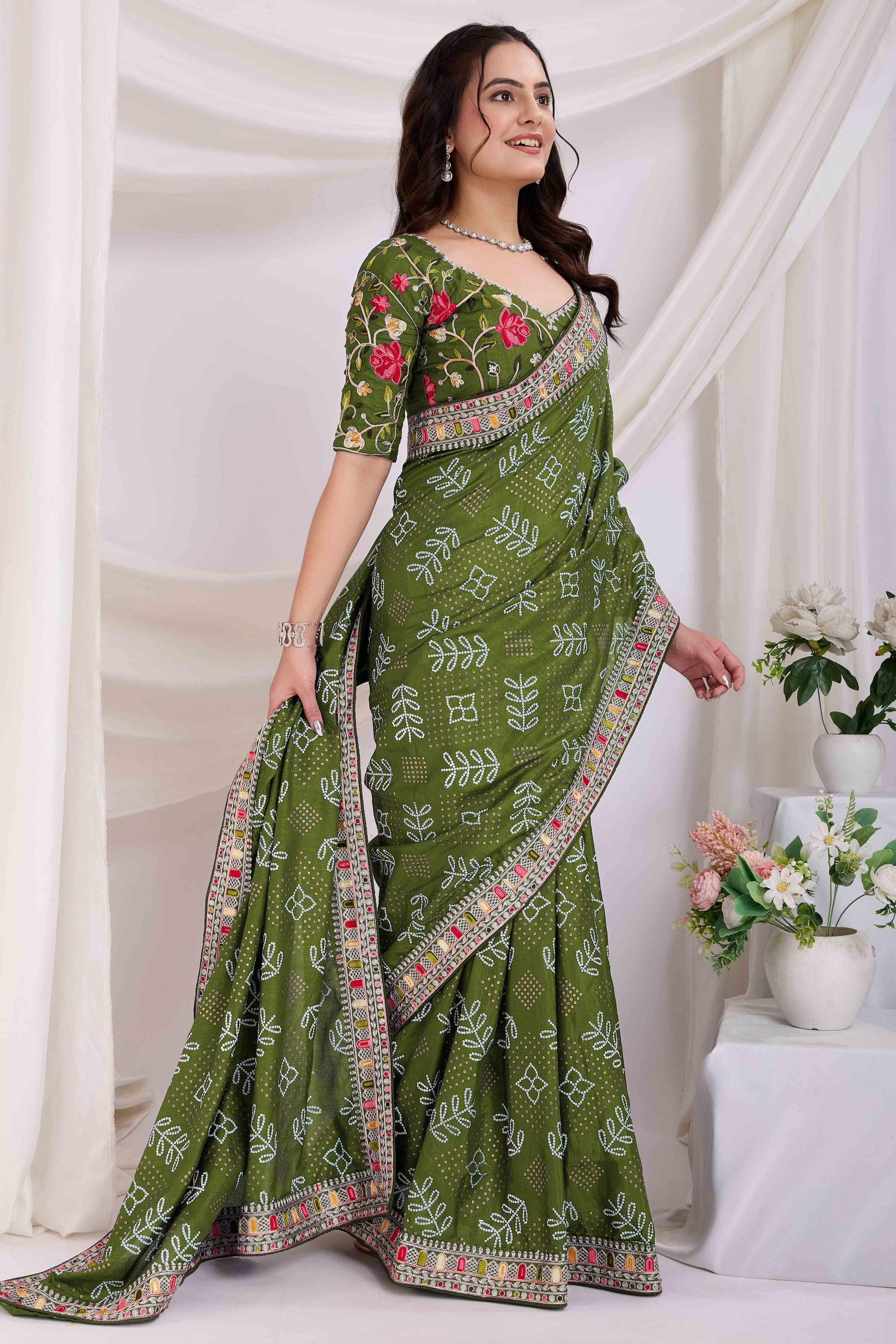 green-bandhani-printed-with-embroidered-border-vichitra-silk-saree