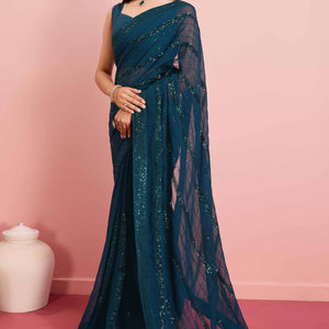 Morpich Blue Sequins Embroidered Georgette Saree