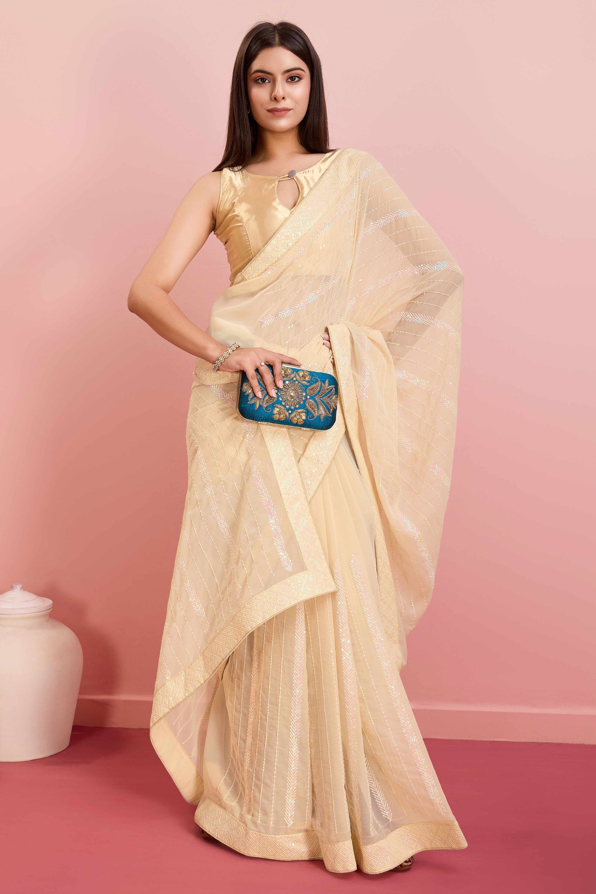 Cream Sequins Embroidered Georgette Saree