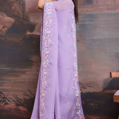 Lavender Floral Sequins Embroidered Organza Saree