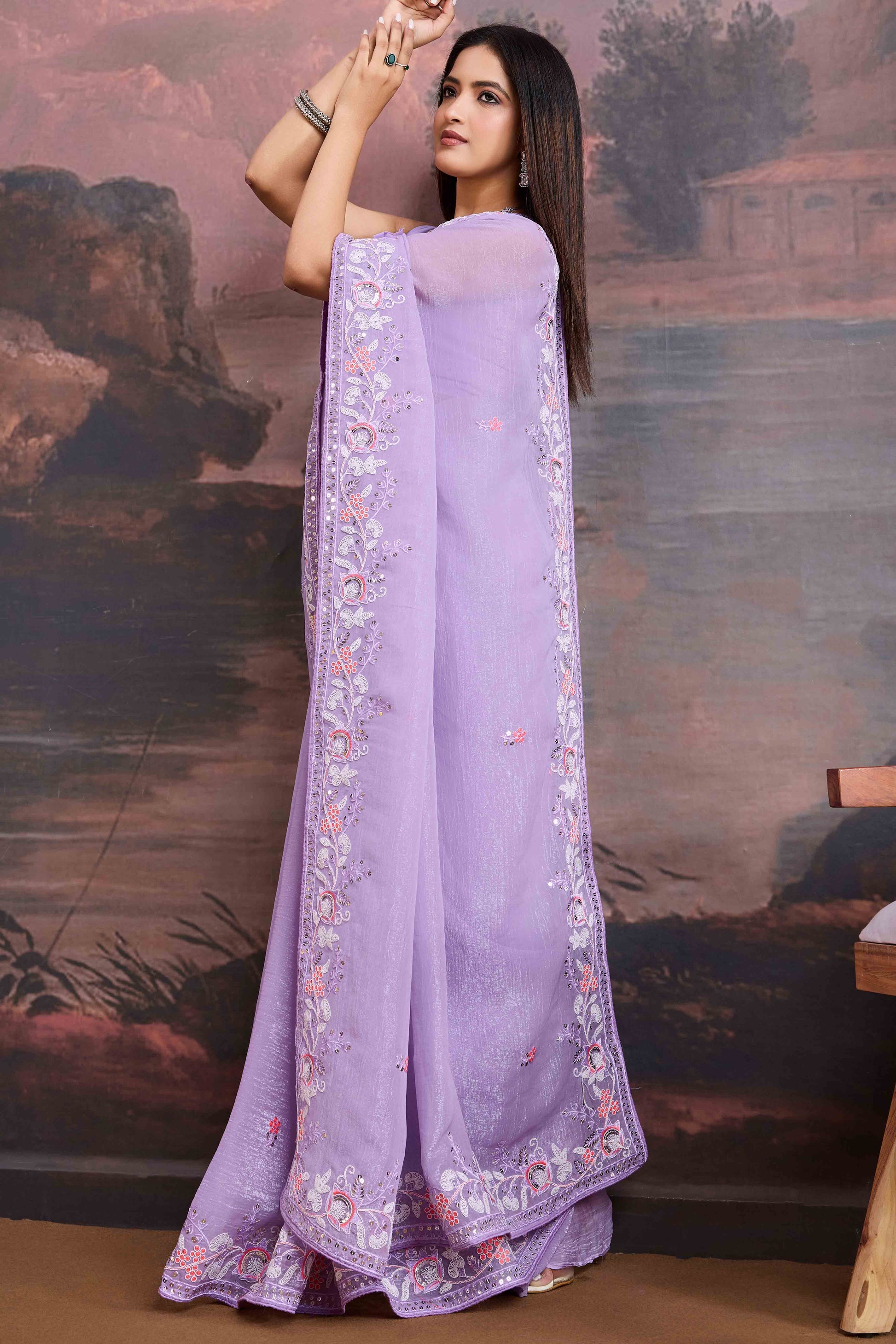 Lavender Floral Sequins Embroidered Organza Saree