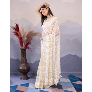 Cream Floral Thread Embroidered Net Saree