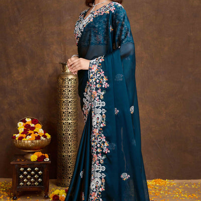 Morpich Blue Floral Sequins Embroidered Vichitra Rangoli Silk Saree