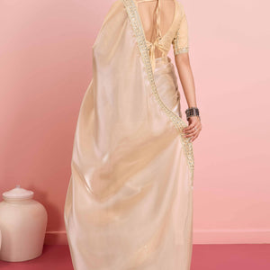 Cream Solid With Floral Sequins Embroidered Jimmy Choo Tissue Saree