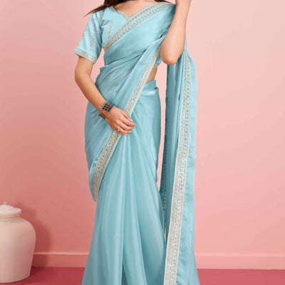 Blue Solid With Floral Sequins Embroidered Jimmy Choo Tissue Saree