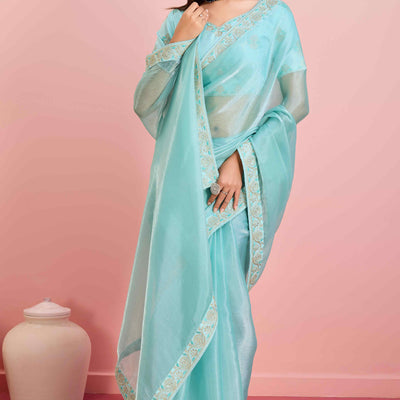 Blue Solid With Sequins Embroidery Border Mulberry Silk Saree