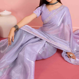 Lavender Solid With Sequins Embroidery Border Mulberry Silk Saree