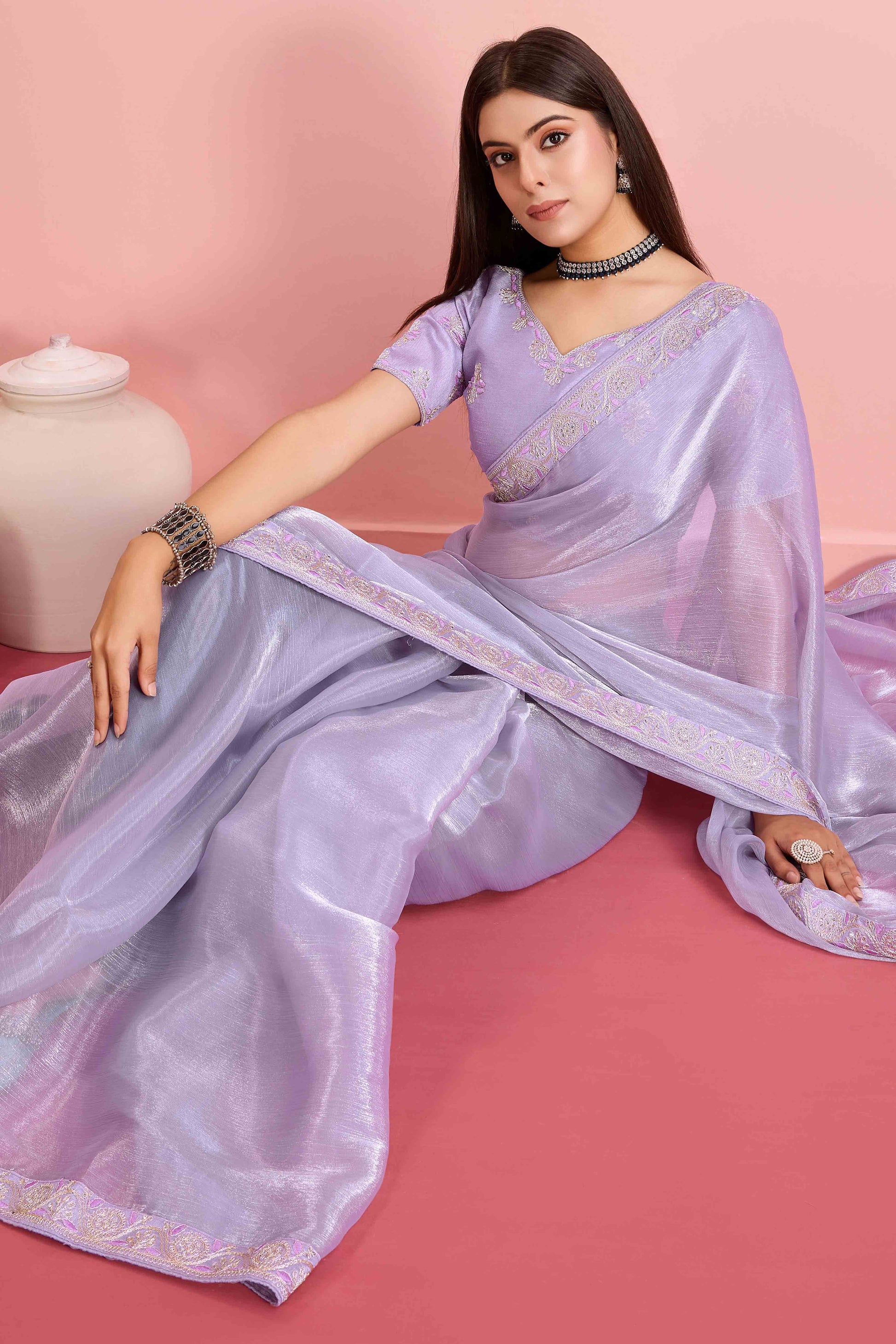 Lavender Solid With Sequins Embroidery Border Mulberry Silk Saree