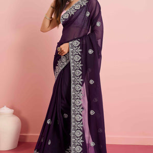Dark Purple Floral Sequins Embroidered Georgette Saree