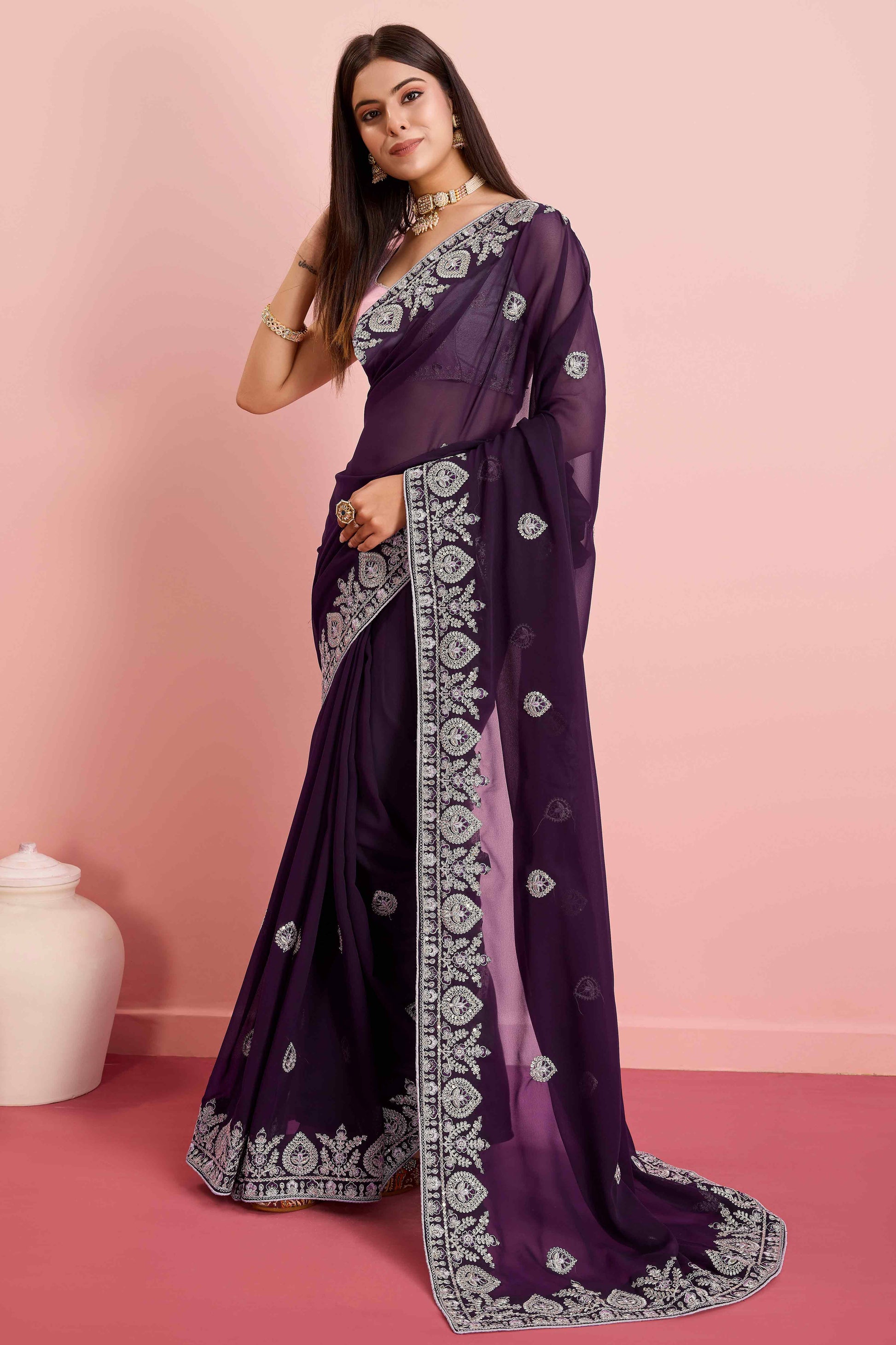 Dark Purple Floral Sequins Embroidered Georgette Saree