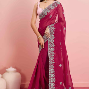 Dark Magenta Floral Sequins Embroidered Georgette Saree