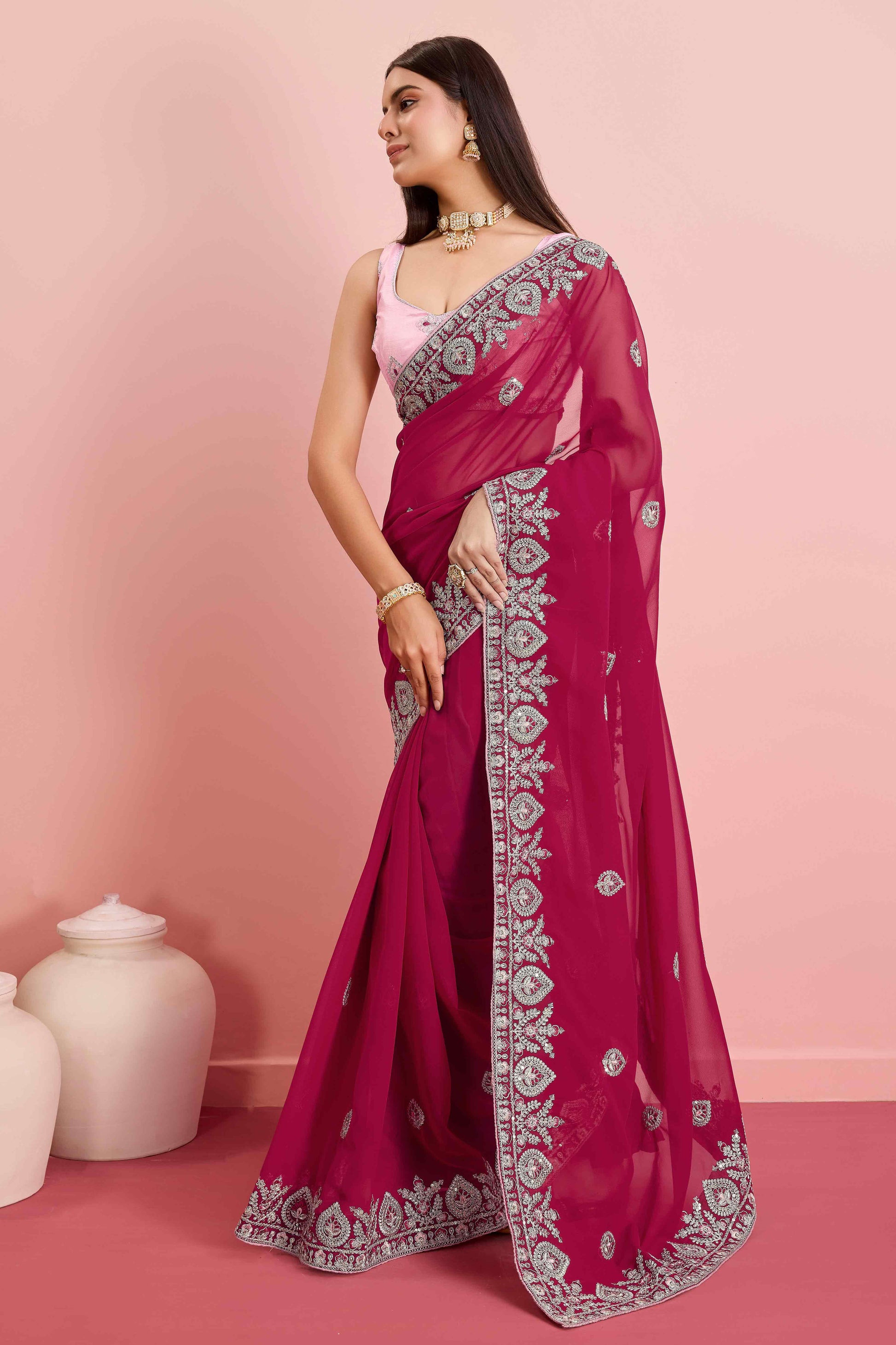Dark Magenta Floral Sequins Embroidered Georgette Saree
