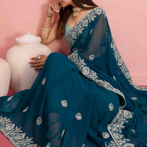 Morpich Blue Floral Sequins Embroidered Georgette Saree