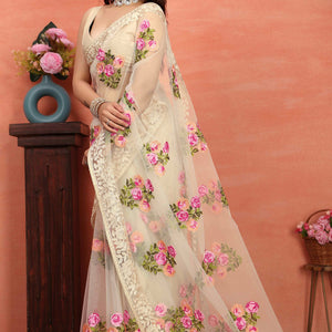 Cream Floral Embroidered Net Saree