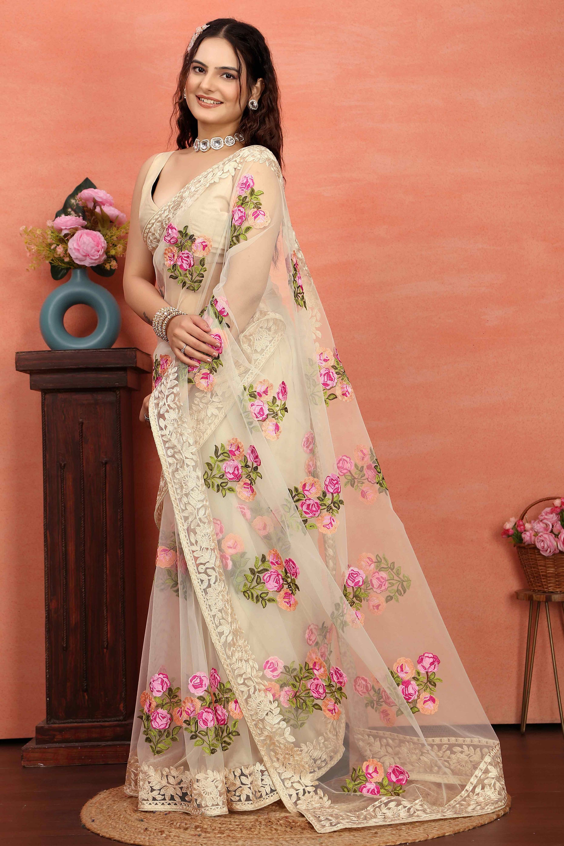 Cream Floral Embroidered Net Saree