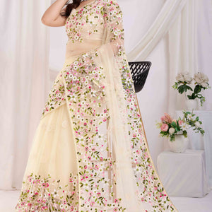 Cream Floral Embroidered Net Saree