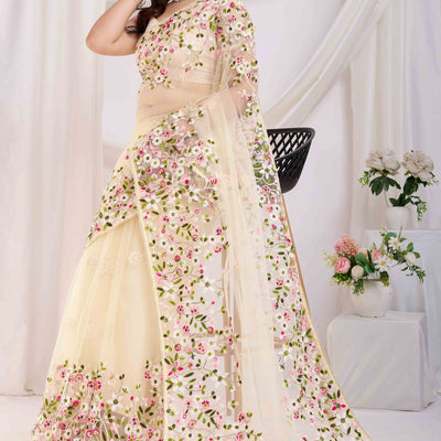 Cream Floral Embroidered Net Saree