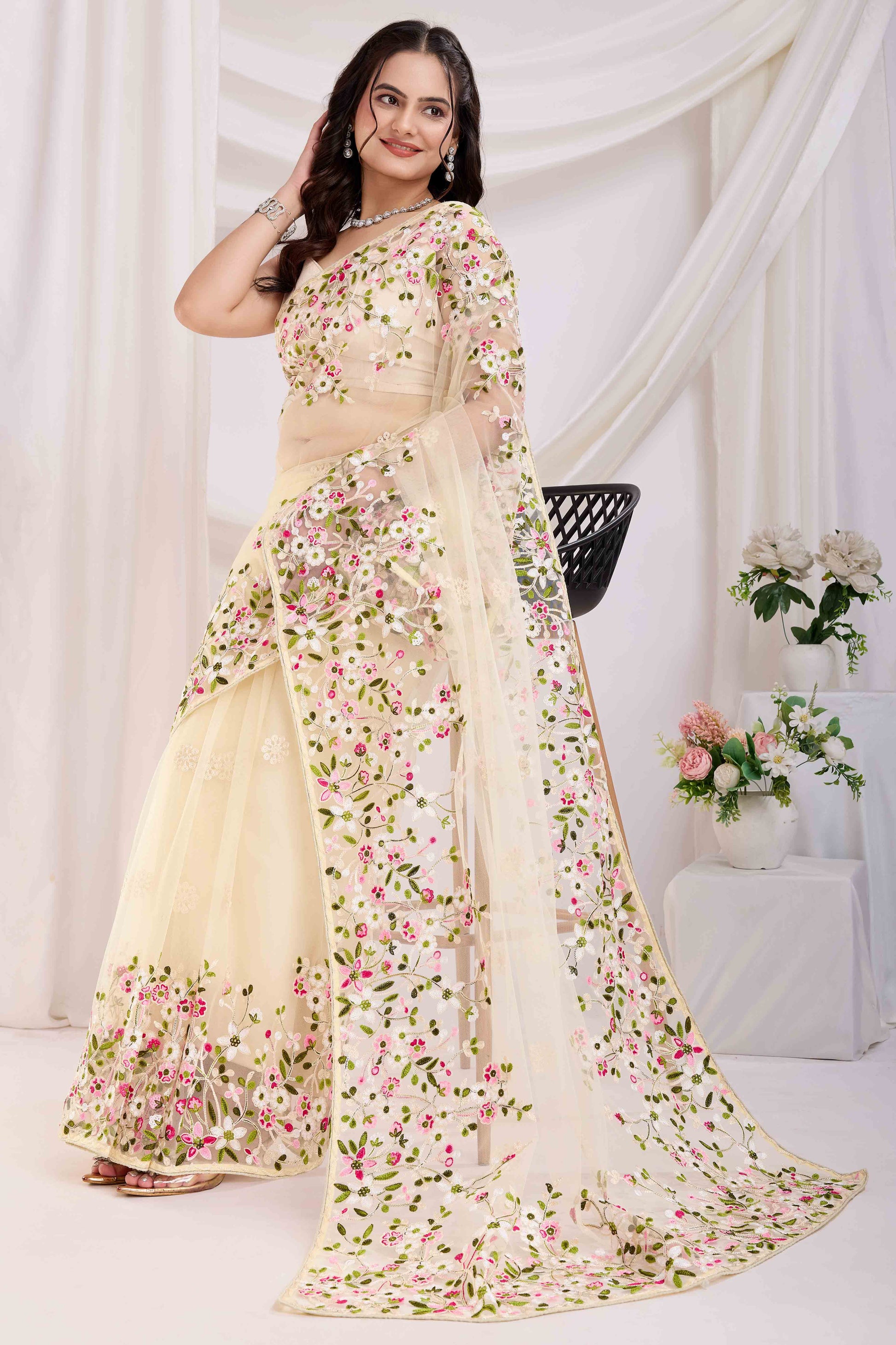 Cream Floral Embroidered Net Saree